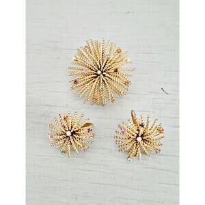 Vintage Bergere Designer Starburst Multi-color Rhinestone Brooch and Earring Set